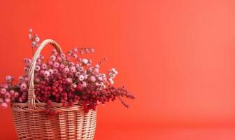 Rustic wicker basket filled with a mix of red and white blooms. Created by AI photo