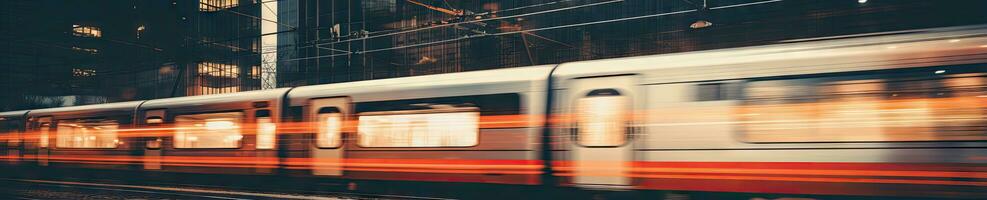 Blurred capture of a modern train powering through a station. Created by AI photo