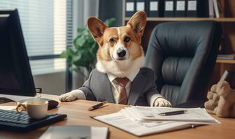 A corgi dressed in a businessman costume sits. Created by AI photo