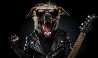 Punk dog in leather jacket. Created by AI photo
