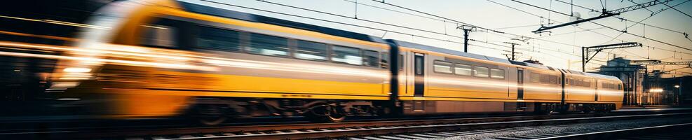 Blurred capture of a modern train powering through a station. Created by AI photo