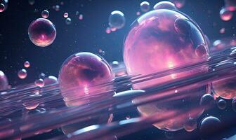 Ethereal scene of water bubbles in a dark backdrop. Created by AI photo