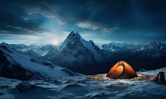 Illuminated tent in snowy mountains under a starry sky. Created by AI tools photo