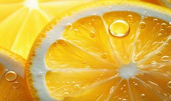 Close-up of a luminous lemon slice, radiating freshness against a vibrant backdrop. Created by AI photo