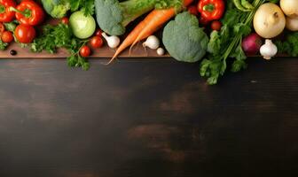 Vegetables on black wood background. Vegetarian organic food banner. Cooking ingredient. Created by AI tools photo