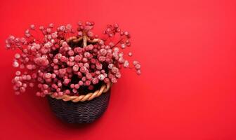Rustic wicker basket filled with a mix of red and white blooms. Created by AI photo
