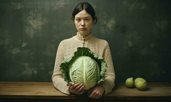 Young woman proudly displays a fresh big cabbage. Created by AI photo