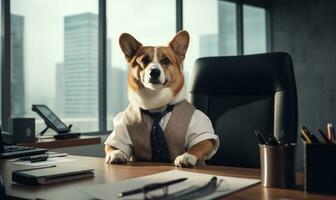 A corgi dressed in a businessman costume sits. Created by AI photo