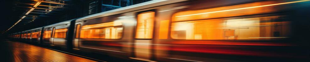 Blurred capture of a modern train powering through a station. Created by AI photo