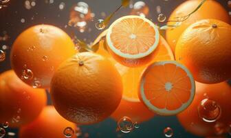 Vibrant oranges float in clear water, illuminated by sunlight. Created by AI photo