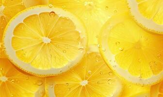 Close-up of a luminous lemon slice, radiating freshness against a vibrant backdrop. Created by AI photo