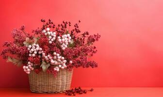 Rustic wicker basket filled with a mix of red and white blooms. Created by AI photo