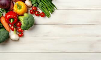 Top view vegetables on light wood background. Copy space. Vegetarian organic food banner. Created by AI tools photo