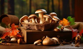 Close-up of assorted mushrooms. Created by AI photo
