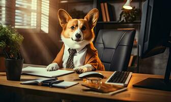 A corgi dressed in a businessman costume sits. Created by AI photo