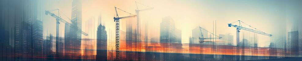 Bustling city with tall construction cranes. Created by AI photo