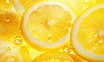 Close-up of a luminous lemon slice, radiating freshness against a vibrant backdrop. Created by AI photo