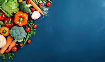 Top view vegetables on deep blue background. Vegetarian organic food banner. Created by AI tools photo