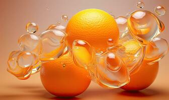 Translucent orange slice with water bubbles. Created by AI photo