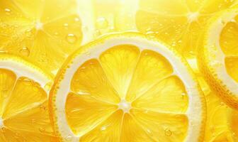 Close-up of a luminous lemon slice, radiating freshness against a vibrant backdrop. Created by AI photo