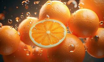 Vibrant oranges float in clear water, illuminated by sunlight. Created by AI photo