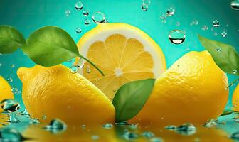 Lemon slices floating in clear water with soft light reflections and bubbles. Created by AI photo