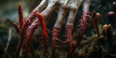 Witch's hand in the woods, with tendrils of new flesh growing from fingers,Created with generative AI tools photo