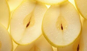 Close-up of vibrant yellow pear slices. Created by AI photo