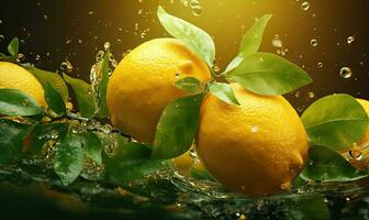 Splashing fresh citrus fruit concept. Created by AI photo