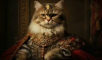 Whimsical image of a cat in royal attire. Created by AI photo