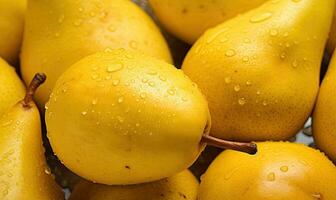 Macro shot of ripe pears with water droplets. Created by AI photo