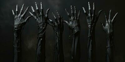 Zombie hands emerge from the darkness. Created by AI photo