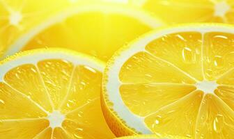 Close-up of a luminous lemon slice, radiating freshness against a vibrant backdrop. Created by AI photo