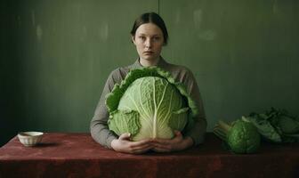 Young woman proudly displays a fresh big cabbage. Created by AI photo
