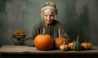 Elderly woman with a turban, surrounded by pumpkins. Created by AI photo