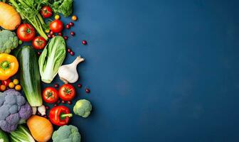 Top view vegetables on deep blue background. Vegetarian organic food banner. AI Generative photo