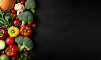 Top view vegetables on black background. Vegetarian organic food banner. AI Generative photo