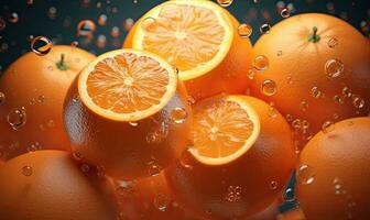 Vibrant oranges float in clear water, illuminated by sunlight. Created by AI photo