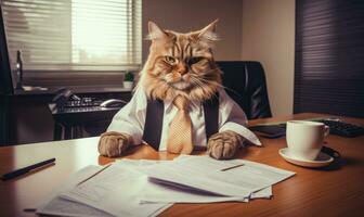 Dapper feline in a stylish suit sits working at an office desk. AI Generative photo