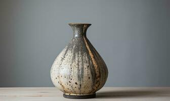 A small vase in the style of wabi sabi on a wooden table against a gray wall. AI Generative photo