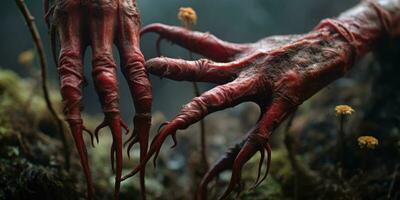 Witch's hand in the woods, with tendrils of new flesh growing from fingers. AI Generative photo