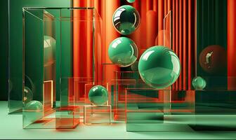 Vibrant, abstract room featuring bold colors and glassmorphism spheres. AI Generative photo