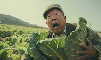 Asian man with a cheeky grin, stealthily taking a cabbage from a lush field. AI Generative photo