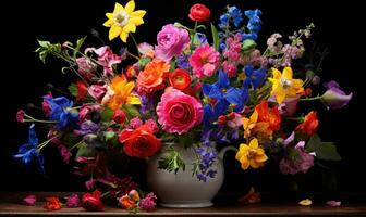Still life of flowers. Vibrant bouquet of wildflowers in a vase on a table. AI Generative photo