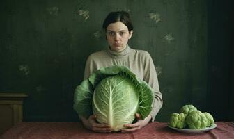 Young woman proudly displays a fresh big cabbage. AI Generative photo