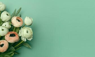 Delicate peonies on an pastel green background. AI Generative photo