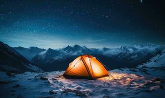 Breathtaking winter landscape with a tent on a snow-covered peak under a starry sky. AI Generative photo