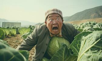 Asian man with a cheeky grin, stealthily taking a cabbage from a lush field. AI Generative photo