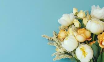 Delicate peonies on an pastel blue background. AI Generative photo