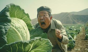 Asian man with a cheeky grin, stealthily taking a cabbage from a lush field. AI Generative photo